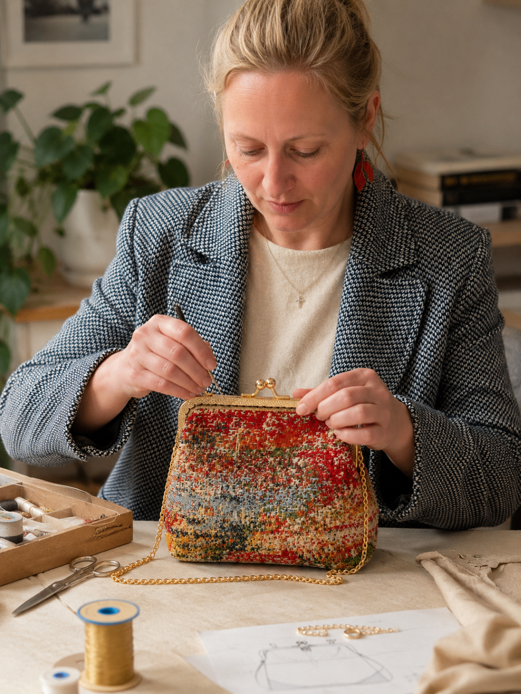 Le mani di Dana mentre cuce una borsa nel suo atelier